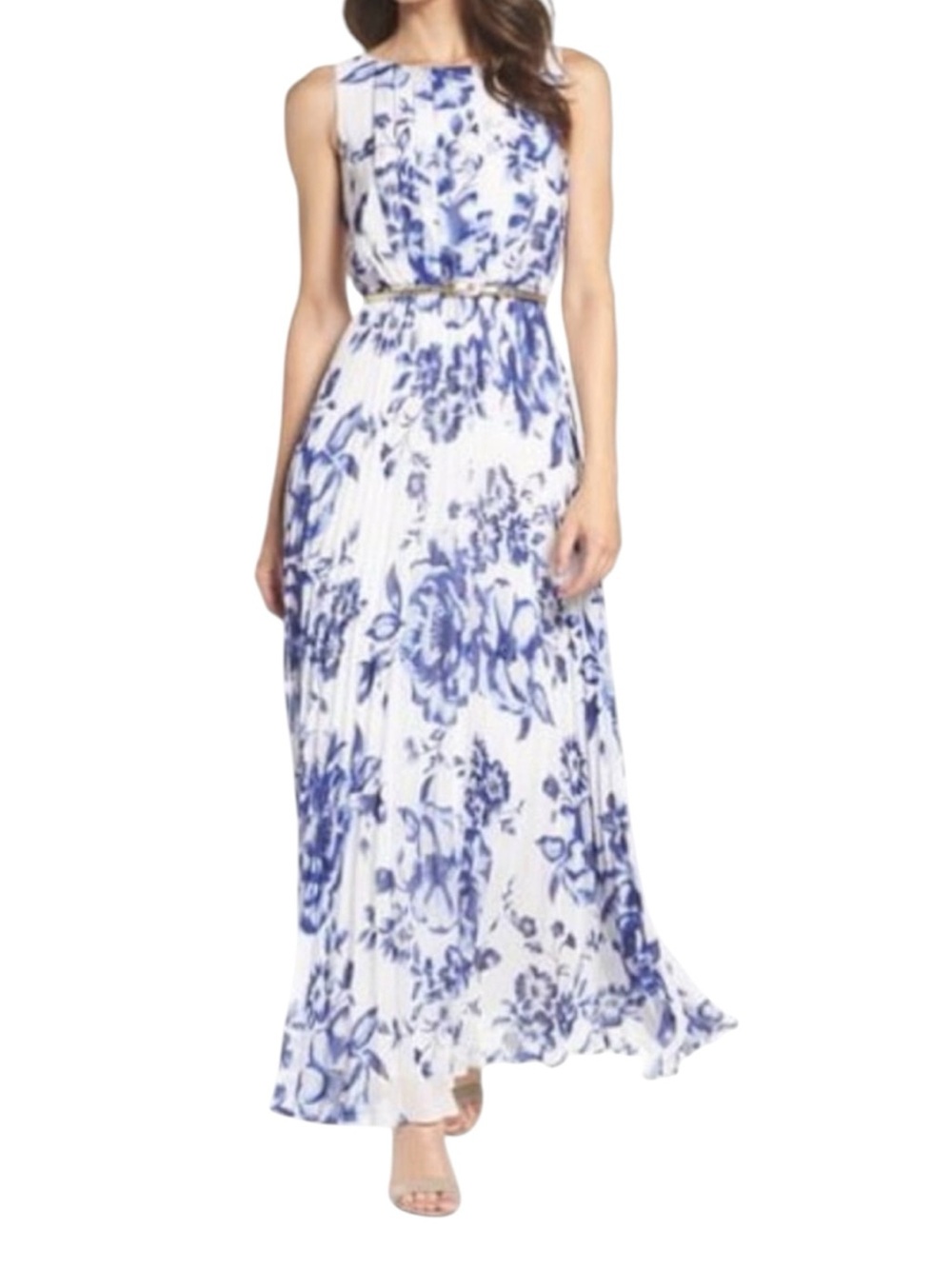 Eliza J Pleated Floral Chiffon Maxi Dress Blue White Size 12